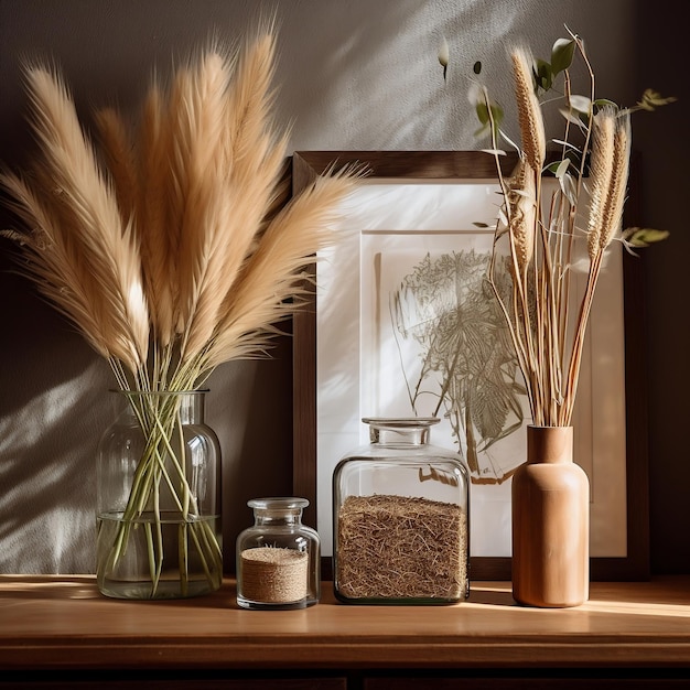 Pampas Grass in Glass Jar Vase on Wooden Table Generative AI