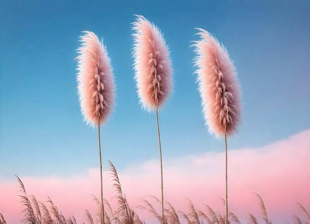 pampas grass plumes against a pink and blue sky background