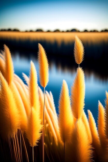 Pampas grass on the river in summer natural background of golden dry reeds against a blue sky