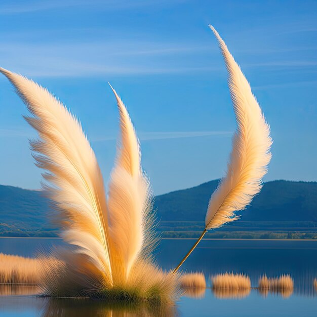 Pampas grass on the river in summer Natural background of golden dry reeds against a blue sky