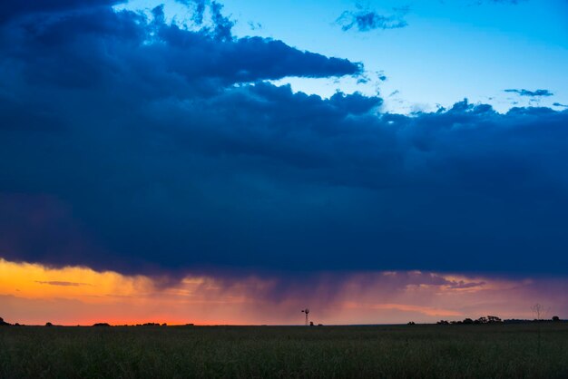 Pampas windmolen landschap bij zonsondergang in de provincie La Pampa, Argentinië