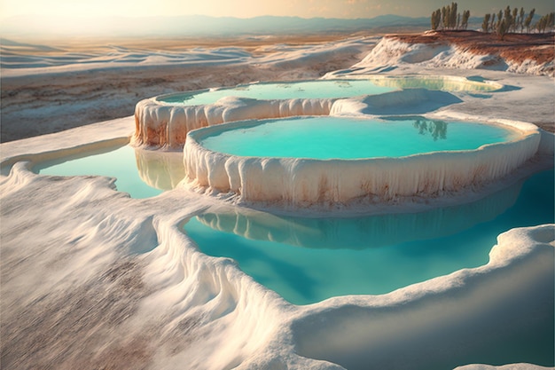 Pamukkale mineral hotsprings of natural travertine white and glistening rain drops create ripples on the placid pools of beatiful aqua nature