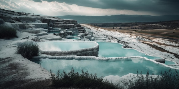 Pamukkale minerale warmwaterbronnen van natuurlijk travertijnwit en glinsterende regendruppels creëren rimpelingen op de rustige poelen van prachtig aqua natuurfotografie filmische etherische verlichting