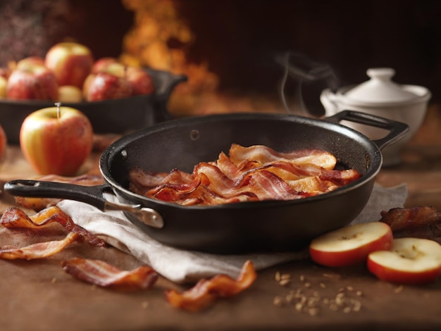 a pan of bacon and apples cooking on a table.