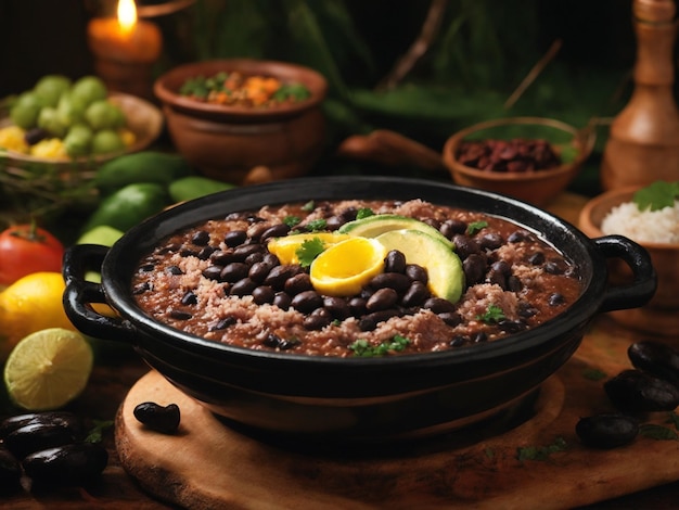 Photo a pan of beans with beans and avocado