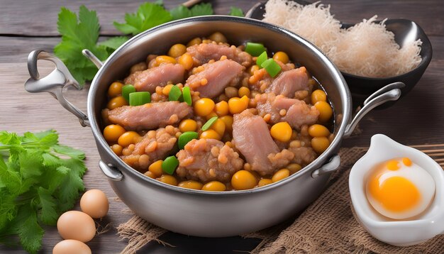 Photo a pan of beans with a pot of rice and vegetables