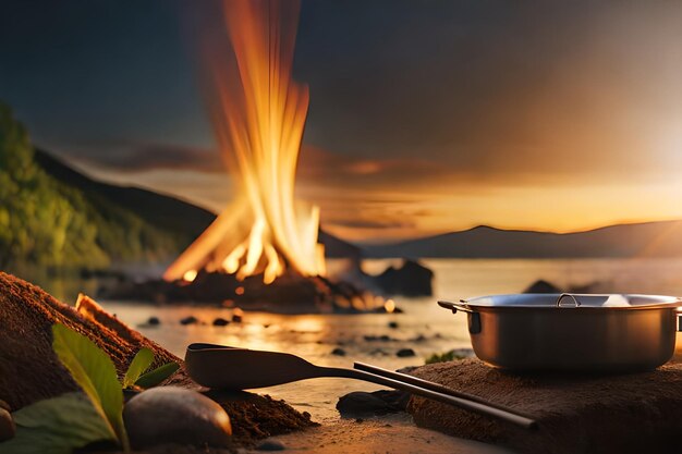 A pan of boiling oil sits on a beach with a fire in the background.