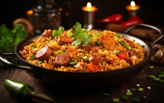 A pan brimming with savory rice and juicy sausage rests atop a rustic table