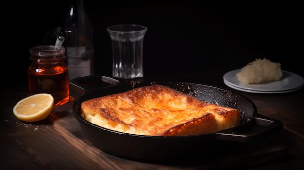 A pan of cheese and bacon is on a table next to a bottle of alcohol.