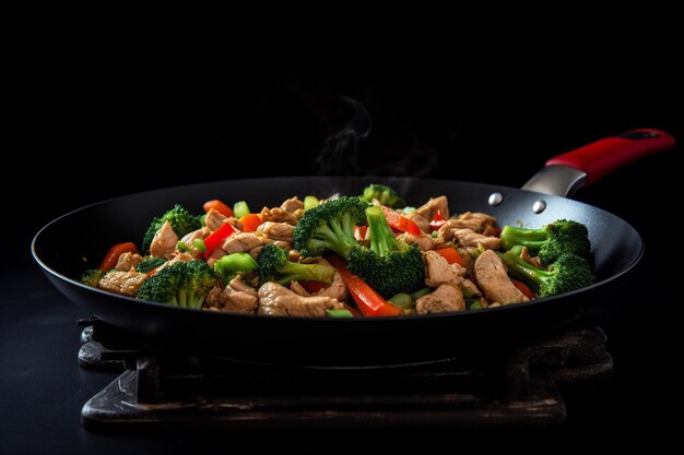 A pan of chicken and broccoli cooking on a stove