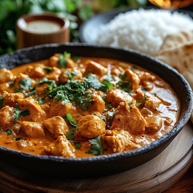 a pan of chicken curry with rice and rice on a table