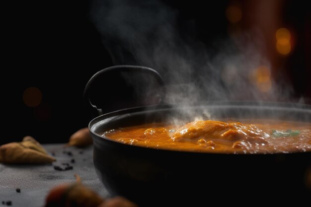 A pan of chicken curry with smoke coming out of it