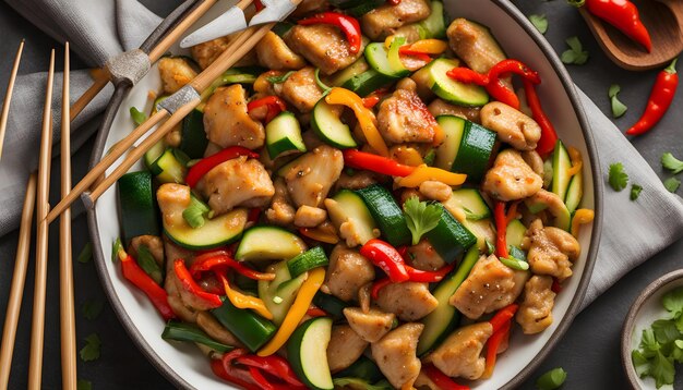 Photo a pan of chicken peppers and chicken with a fork in it