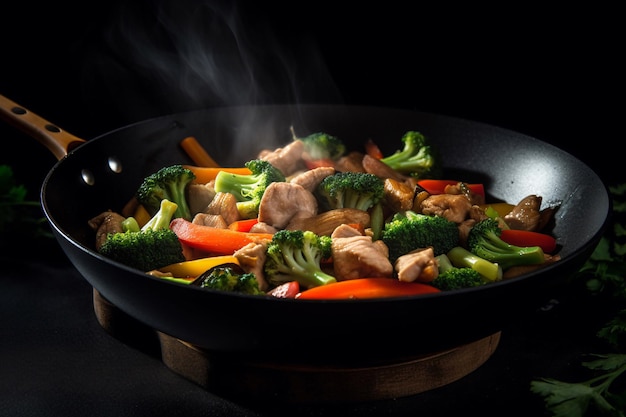 A pan of chicken and vegetables with a black background