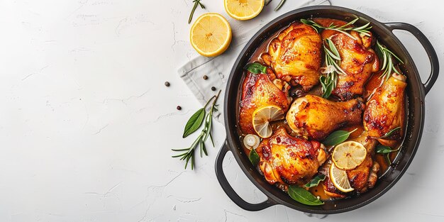 Photo a pan of chicken with lemon and herbs cooking on it