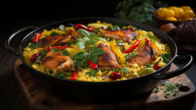 a pan of chicken with rice and vegetables