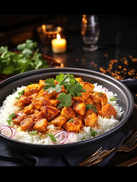 a pan of chicken with rice and vegetables