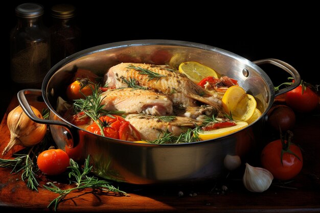 Photo a pan of chicken with vegetables and lemon