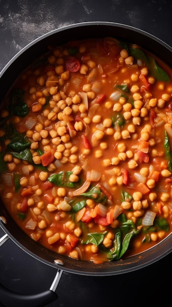 A pan of chickpeas with spinach and spinach