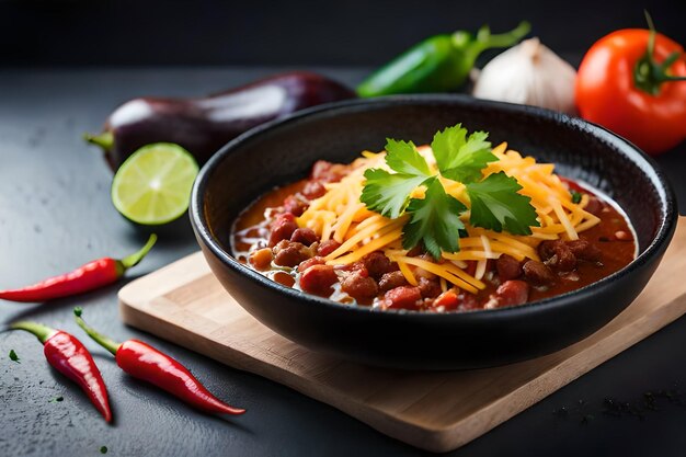 A pan of chili with chili and vegetables on a black background