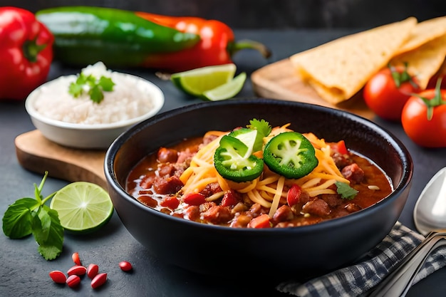 A pan of chili with vegetables and rice