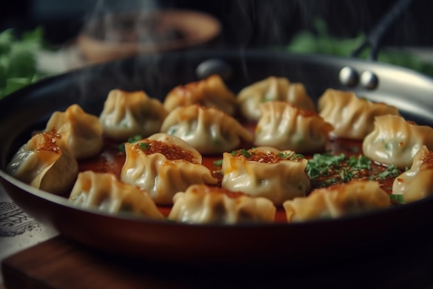 A pan of dumplings with a steamy steam rising from the top.