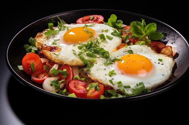 Photo a pan of eggs tomatoes and spinach