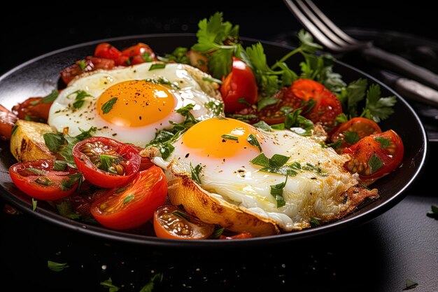 Photo a pan of eggs tomatoes and tomatoes are on a black background