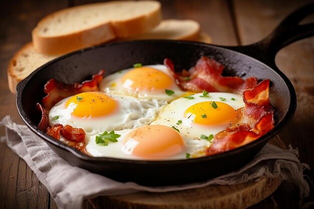 A pan of eggs with eggs and bacon on a table.