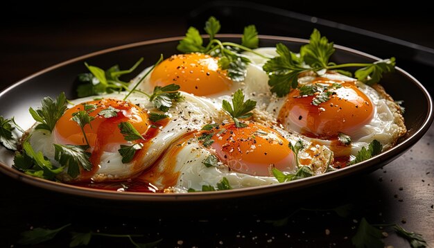 Photo a pan of eggs with eggs and parsley on top