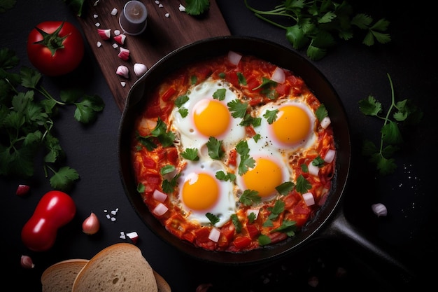 A pan of eggs with tomatoes and parsley on top