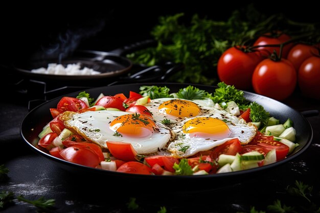 a pan of eggs with tomatoes and tomatoes on a table