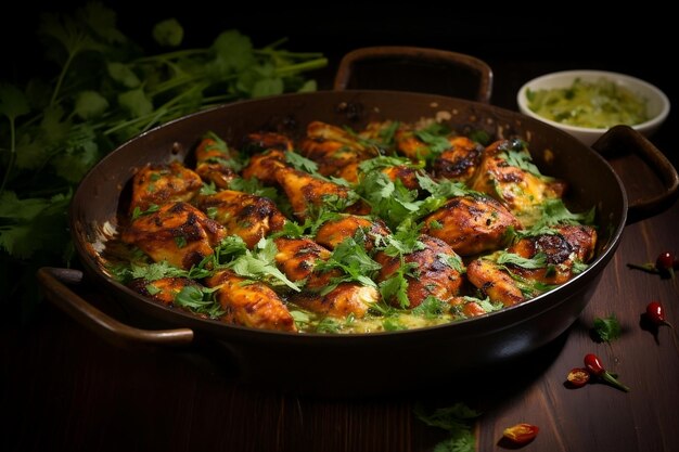 A pan filled with chicken and garnished with cilantro AI