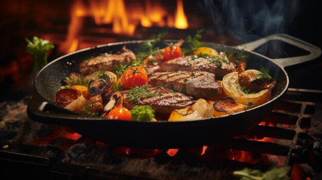 Pan Filled With Meat and Vegetables on Top of a Stove