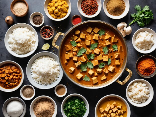 Photo a pan filled with tofu and rice next to bowls of rice and other ingredients on a table top view from