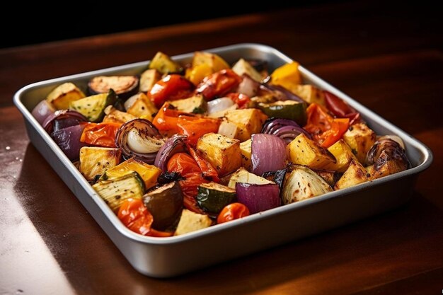 a pan filled with vegetables sitting on top of a wooden table