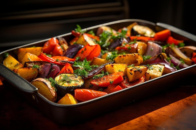 a pan filled with vegetables sitting on top of a wooden table