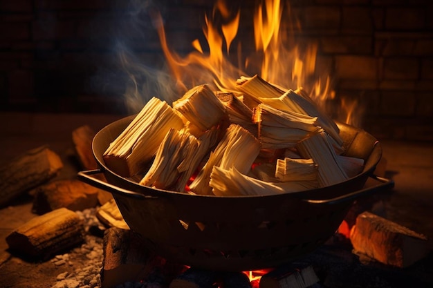 a pan of fire burning in front of a fire place with a fire burning