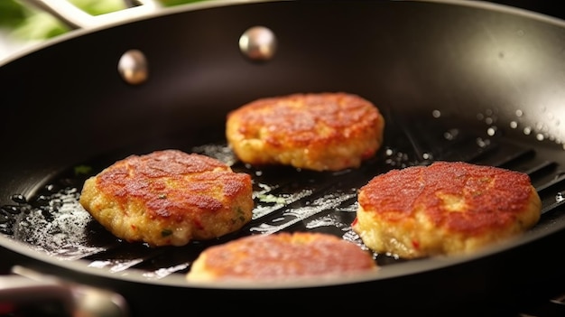 A pan of fish cakes cooking in a frying pan.