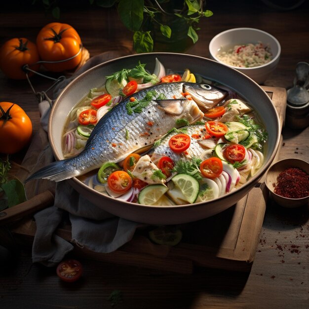 a pan of fish with vegetables and a pan of fish