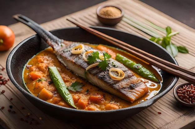 a pan of fish with vegetables and spices on it