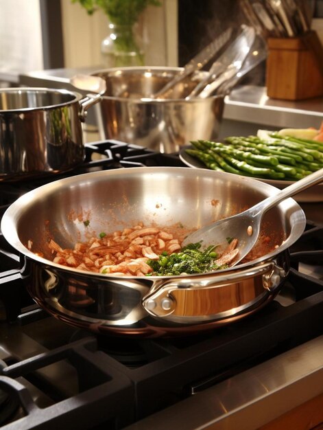 a pan of food on a stove with asparagus