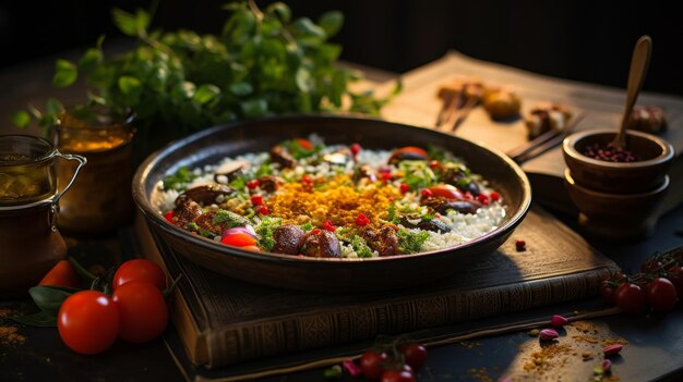 A Pan of Food on Top of a Wooden Table