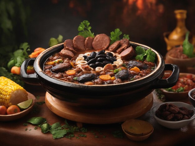 a pan of food with beans and sausages on a table.