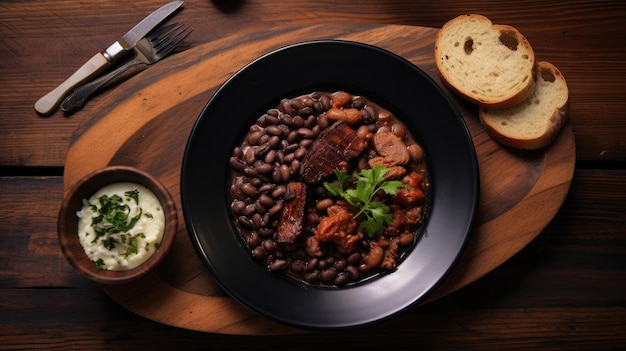 Photo a pan of food with a bowl of beans and bread on it