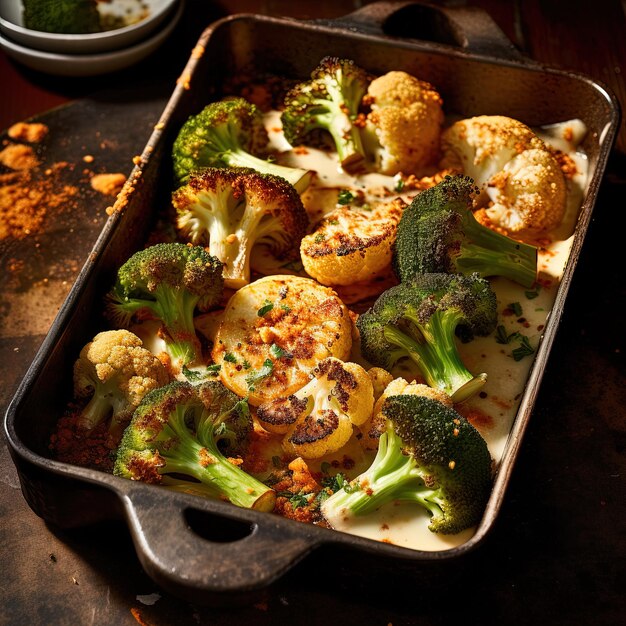 A pan of food with broccoli and cauliflower on it