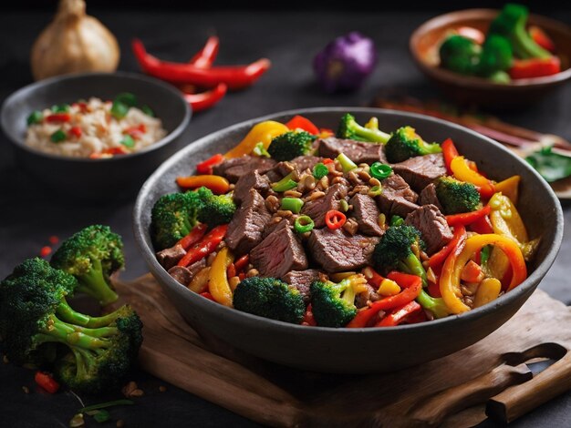 a pan of food with broccoli, peppers, and beef.