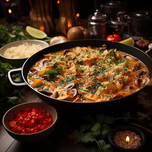 Photo a pan of food with a candle on it is on a table