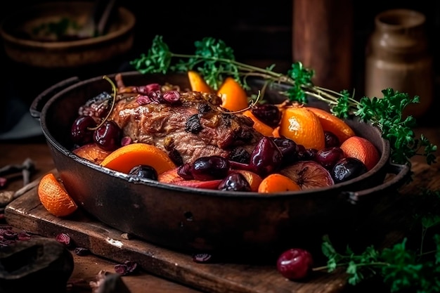 A pan of food with carrots and cherries on it