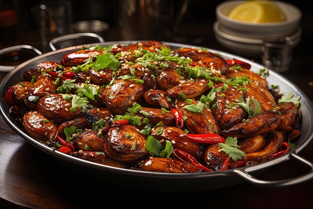 a pan of food with chicken and vegetables on it